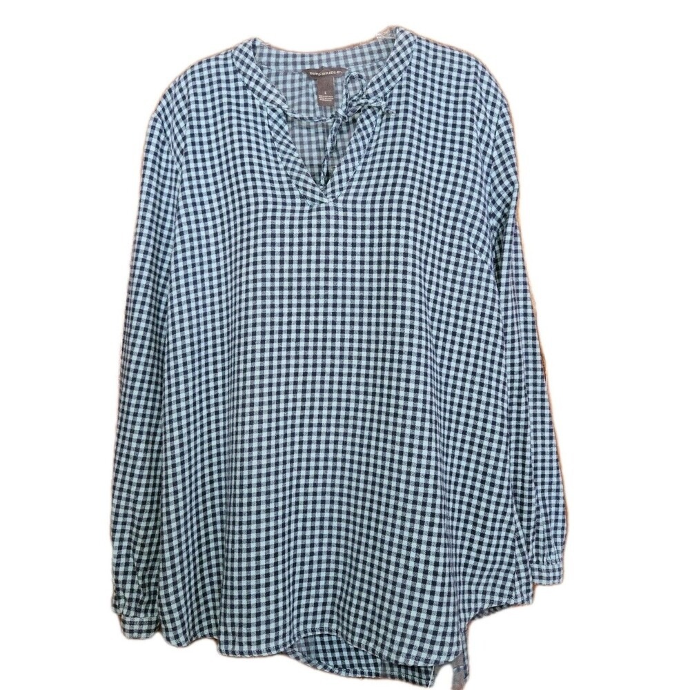 Bit & Bridle Blue Gingham Flannel Pullover Large V-Neck Western Boho Coastal L